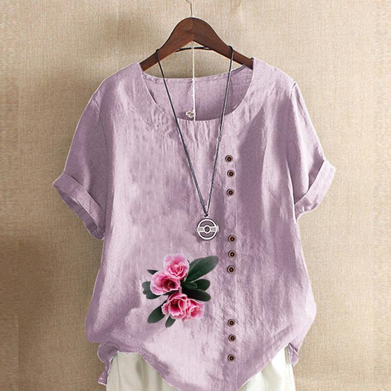 Women's Fashion Flowers Prined Round Neck Short Sleeve T-shirt Casual Cotton Linen Graphic Shirt Leisure Loose Summer Blouse Tops Plus Size