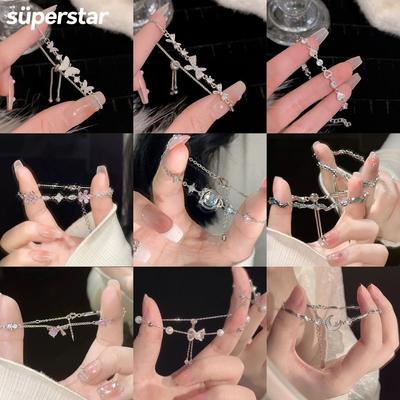 Регулируемый серебряный браслет с корейскими кристаллами для женщин, браслеты с подвеской и бантом, ювелирные аксессуары