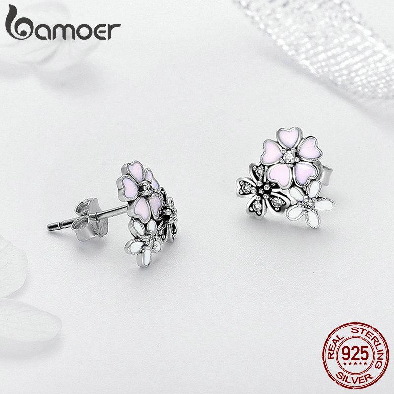 Женские серьги-гвоздики BAMOER из 100% стерлингового серебра 925 пробы с розовыми ромашками и вишневым цветком из стерлингового серебра