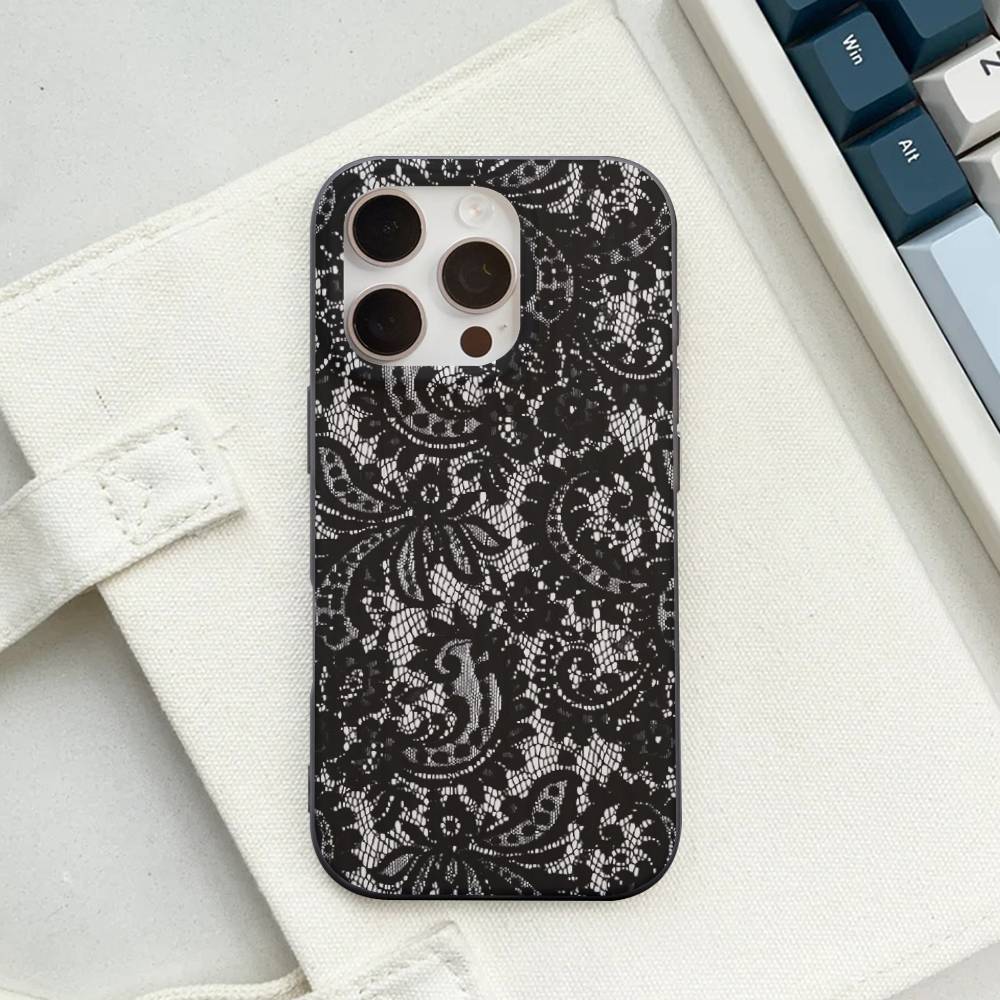 Black Lace Pattern Personalized Mobile Phone Case For IPhone 17 16 15 11 12 13 14 Pro Max Soft Corrugated Silicone Cover Case