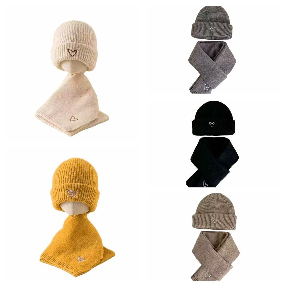 Love Heart Embroidery Crochet Warm Beanie Cap Solid Color Neck Warmer Set Winter Pullover Cap Ski