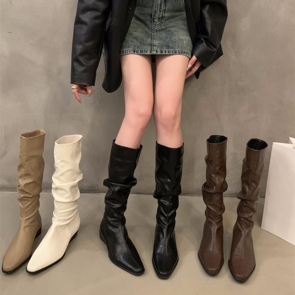 Thick Heel Pleated Stack Long Tube Women's Shoes New Spring and Autumn Western Thin Medium Tube Long Boots