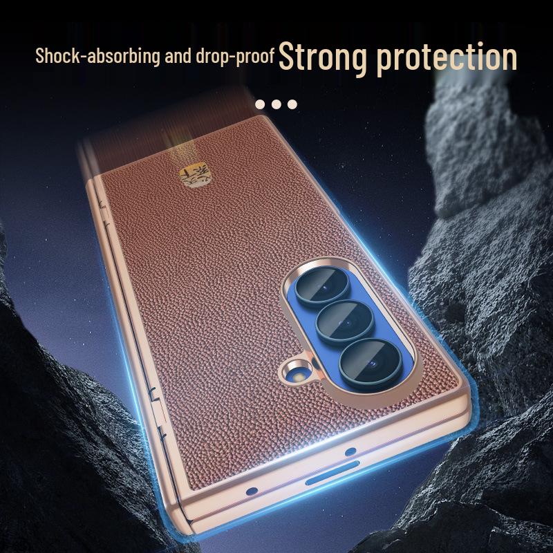 Оригинальный кожаный магнитный чехол для телефона Samsung Z Fold7/6 - Гальванизированный защитный корпус с узором "Личи" и встроенной пленкой.