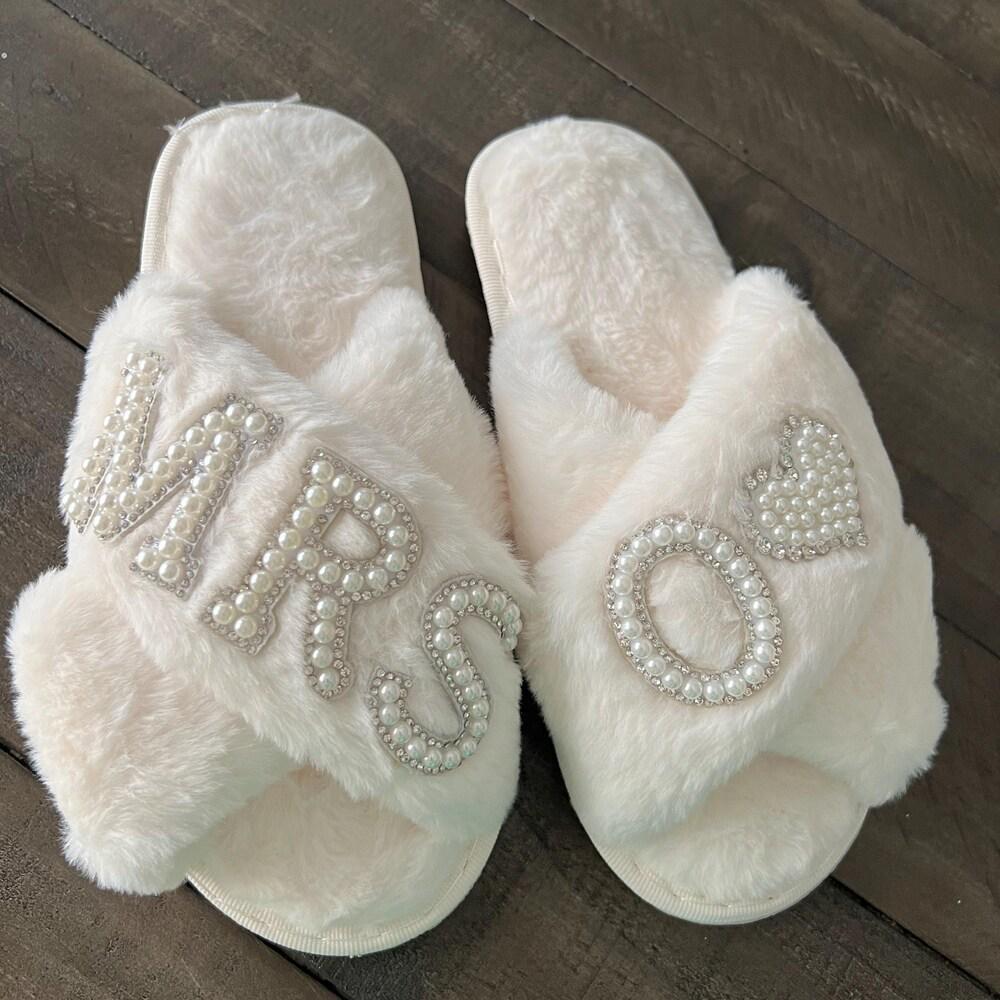Pearl Letter MRS Plush Cross-Band Slippers for Bridesmaids