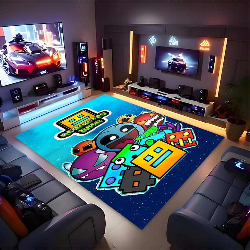 1pc Geometry Dash5 Print Area Rug - Soft, Washable Non-Slip Indoor Mat for Office Chairs, Living Room, Home Office Decorative Rug