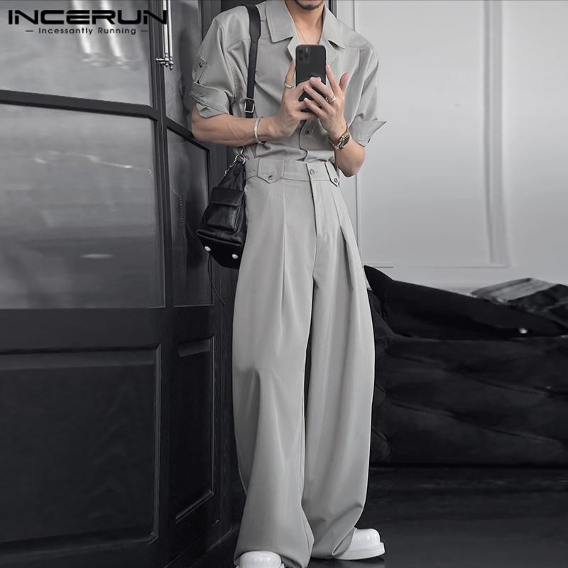 INCERUN 2PCS Men Outfits Lapel Neck Short Sleeve Buttons Shirt Long Straight Pants Sets