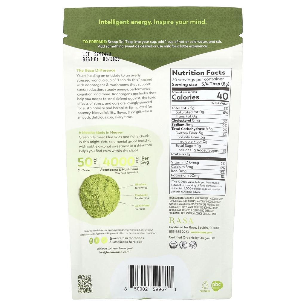Rasa, Adaptogen and Mushroom Enhanced Matcha, растворимый, Matcha Cloud, 6,77 унций (192 г)