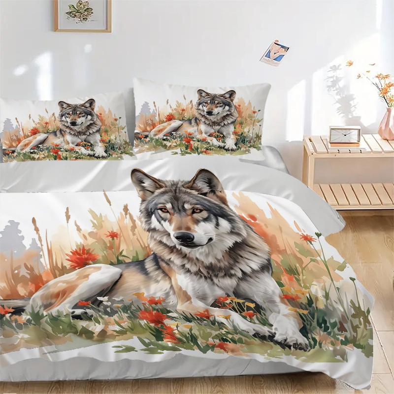 3pcs Wild Wolf amidst Autumnal Wildflowers Print Bedding Set (Without Inserts), Soft and Comfortable J092