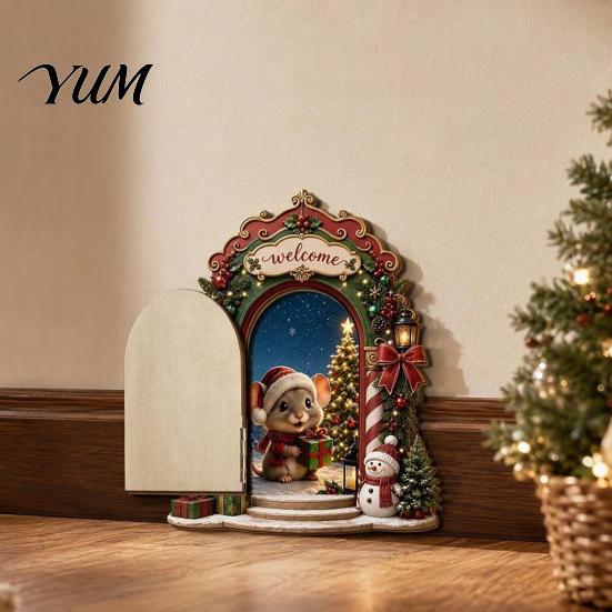 Eco Friendly Wooden Christmas Decor Elf Door Decoration, Miniature Fairy with Cute Mouse Interactive Holiday Wall & Openable Door, Corner for