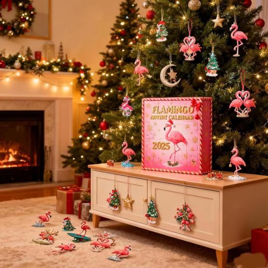 2025 Календарь Адвента Фламинго 24-дневный Календарь Обратного отсчета с Акриловыми Украшениями Фламинго Розовое Тропическое Украшение на Праздник в Тематике Фламинго для Фламинго