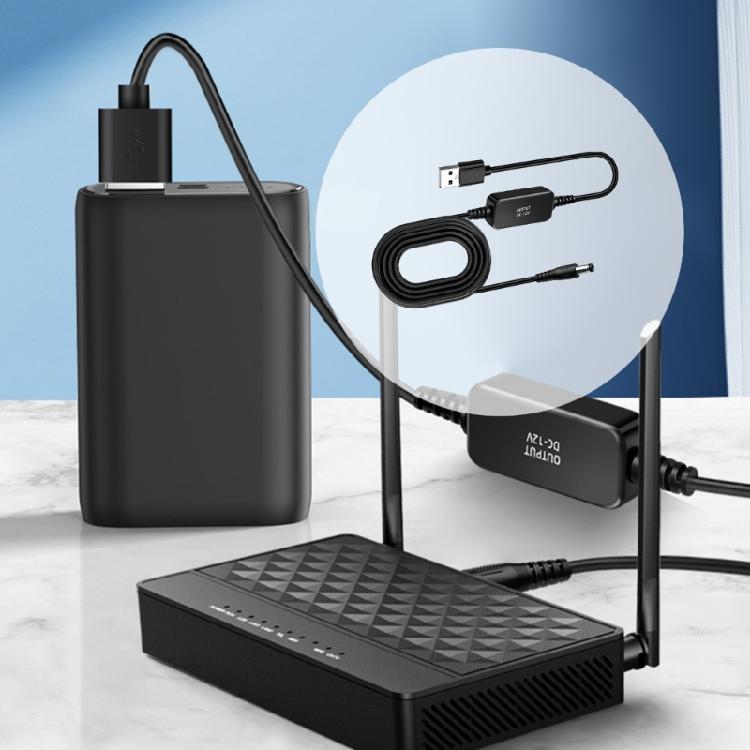 Кабель-адаптер питания USB 5 В в 12 В с черной ПВХ оболочкой и встроенным модулем для совместимого маломощного электронного оборудования