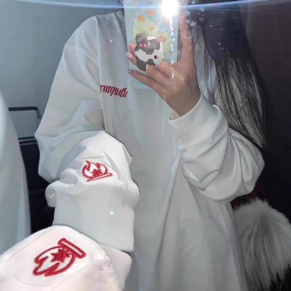Unisex Flame Embroidery Hoodie - Autumn/Winter Long Sleeve T-shirt, Loose Fit Base Layer