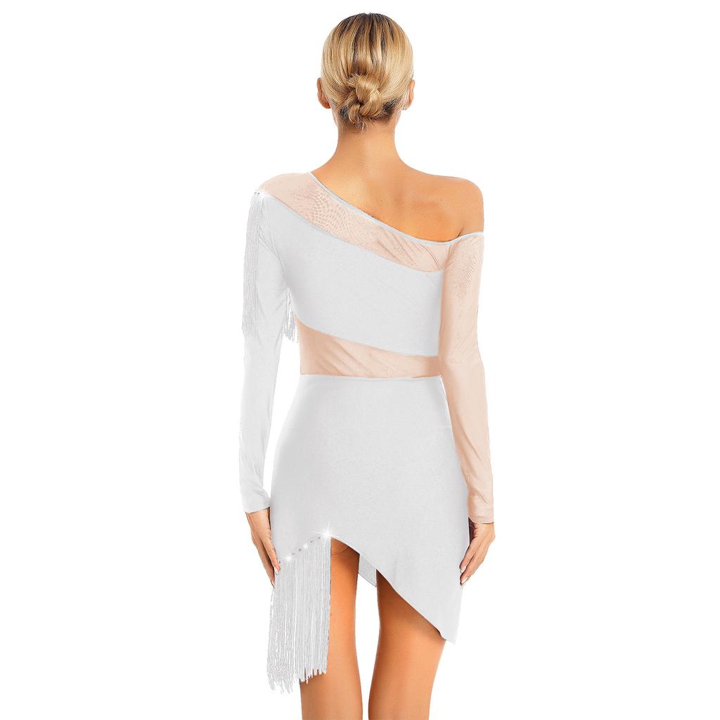Womens Tango Dance Dress Oblique Shoulder Fringed Design with Sheer Mesh Patchwork and Irregular Hem Latin Costume