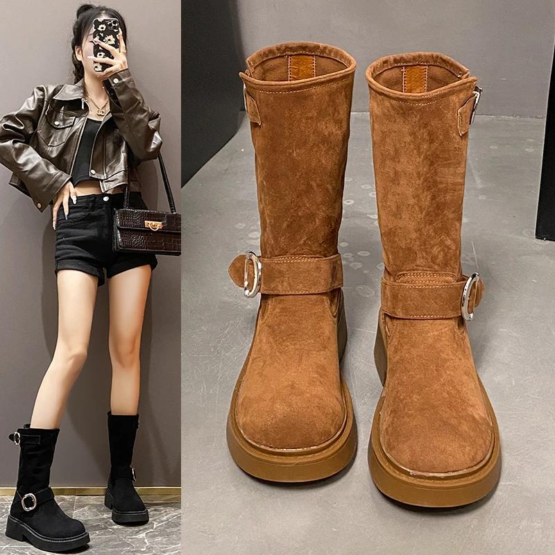 Женские ковбойские сапоги в западном стиле, модные туфли с пряжкой на ремне, осенне-зимние ботильоны до середины икры на толстом каблуке, женская обувь