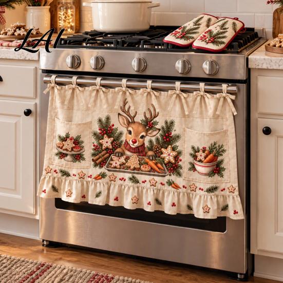 Handmade Holiday Oven Cover Christmas Skirt with Pockets Festive Snowflake Elk Red Birds Santa Stove Curtain for Home Cooking Essentials Kitchen