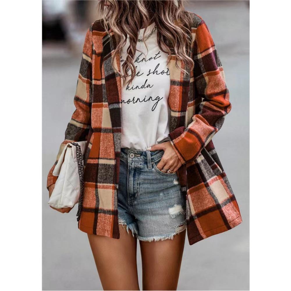 HNXC Women's Vintage Casual Plaid Print Autumn Winter Long Sleeve POLO Neck Jackets & Coats