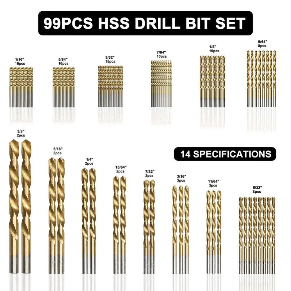 99 шт. Набор спиральных сверл 1/4" 1/16" HSS с титановым покрытием, устойчивых к ржавчине и износу, из быстрорежущей стали