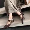 Cowhide Version French Retro Gold Buckle Leather Pointed Thick Heel Light Mouth Single Shoes Women's One-word Buckle with Wedge Heel Mary Jane Shoes