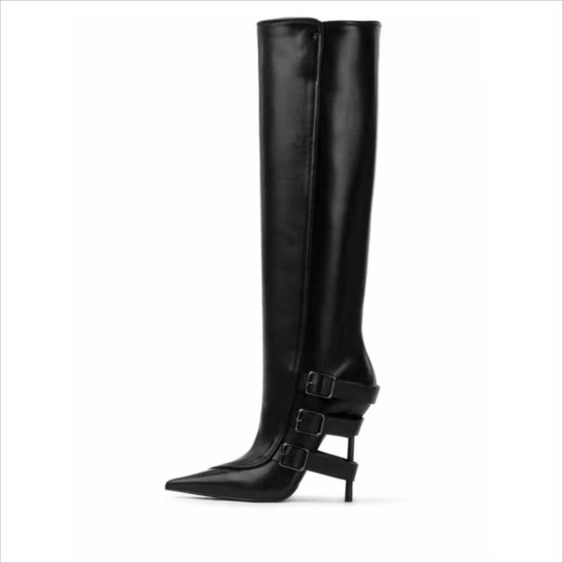 Fashion New Black Belt Buckle Tab High-heel Knee High Boots Autumn Winter Women Fashion Pole Dance Pointed Solid Color Long Boots 35-44