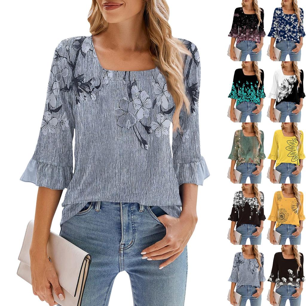 Женские повседневные топы с рукавами 3/4, летние футболки с квадратным вырезом, свободные туники с рюшами, блузки-туники