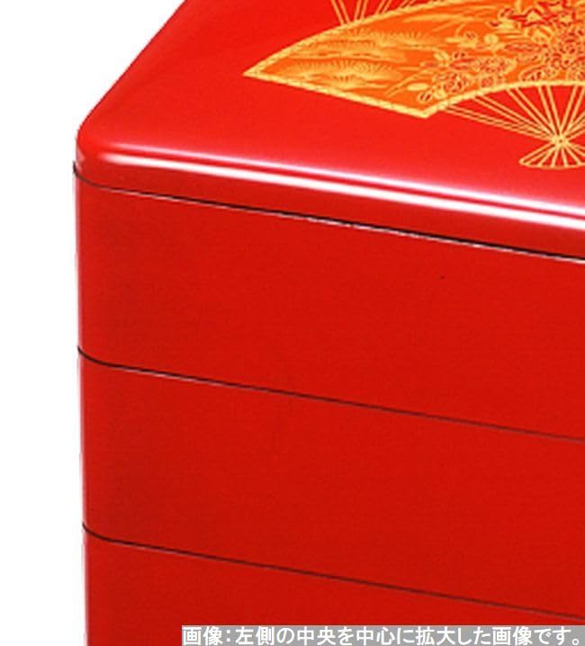 Outdoor Lunch Box Made In 3 Vermilion and Plum X X J-kitchens (Lunch Box) Japan, Tiers, 6.5-inch, Heavy-Duty, Fan-Shaped Pine, Bamboo, Design, 19.6cm