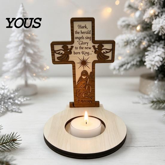 Christmas Atmosphere Supplies Wooden Candle Holder, Praying Angel Tabletop Tealight Stand, Religious Stable Base Decorative Candlestick for
