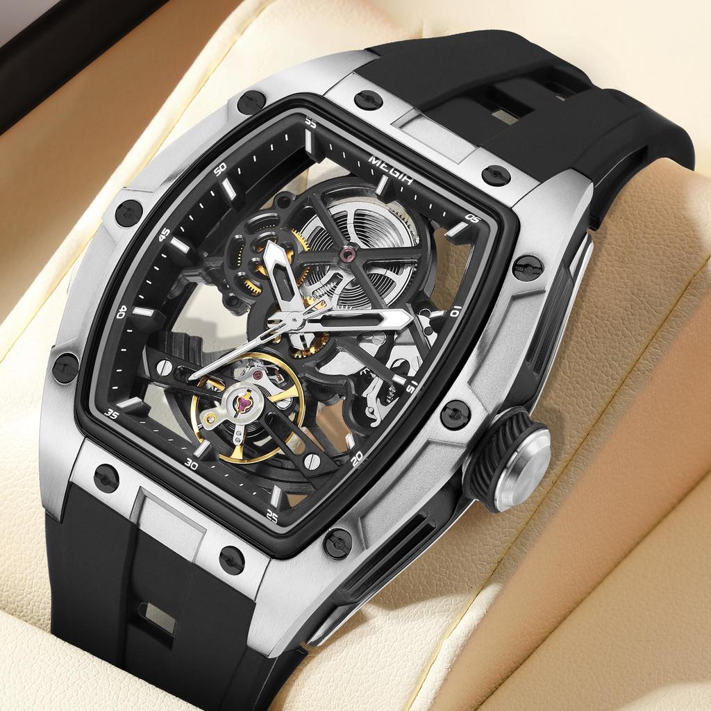 Megir Роскошные спортивные часы для мужчин, силиконовый ремешок, механические часы, полый полностью автоматический механизм, светящиеся наручные часы, часы 2242