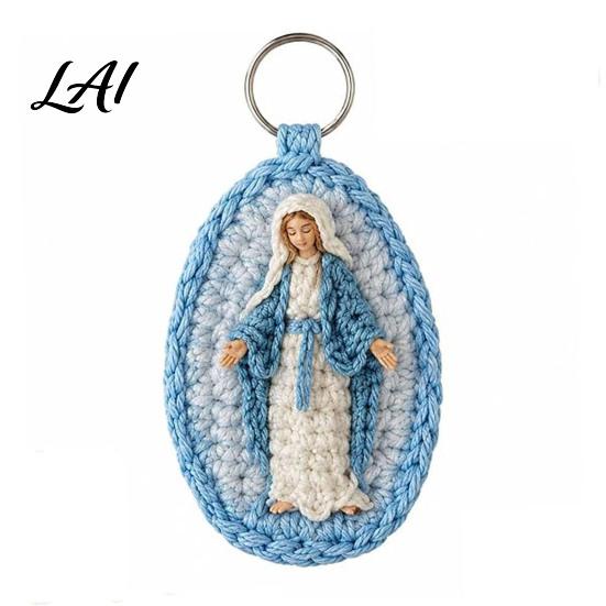 Handcrafted Religious Charm Handmade Crochet Marian Keychain Virgin Mary with Soft Yarn Keyring Blue White Yarn Catholic Christian Inspirational