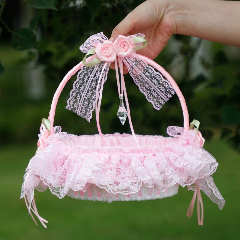 Wedding Supplies Rhinestone Basket Lace Bamboo Flower Basket Portable Small Flower Basket