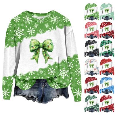 Женская мода рождественский принт длинный рукав свободный круглый вырез толстовка топ осень