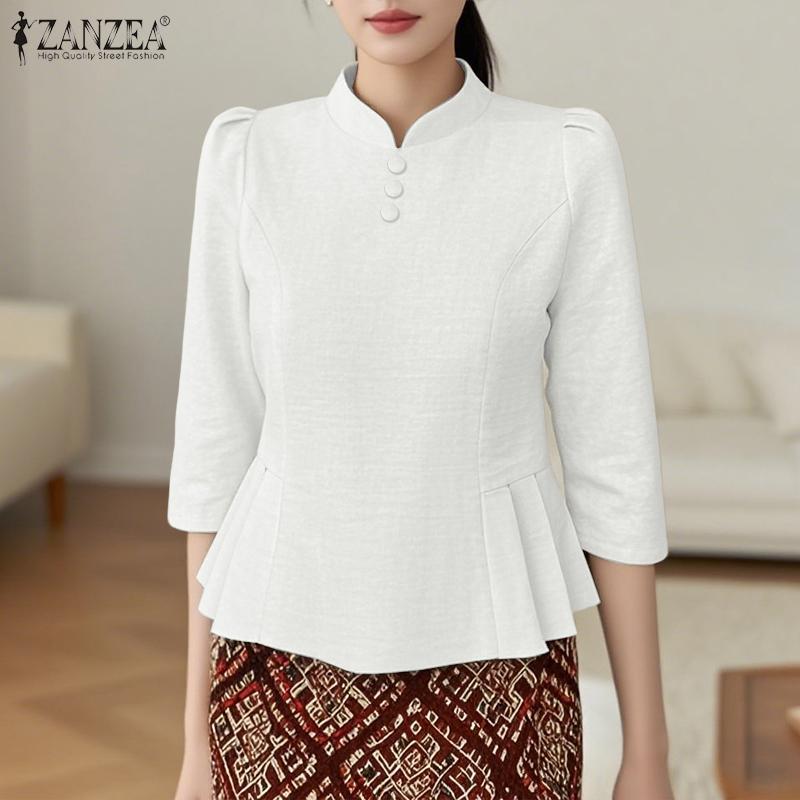 ZANZEA Женская повседневная блузка в стиле ретро со стойкой и рукавом 3/4