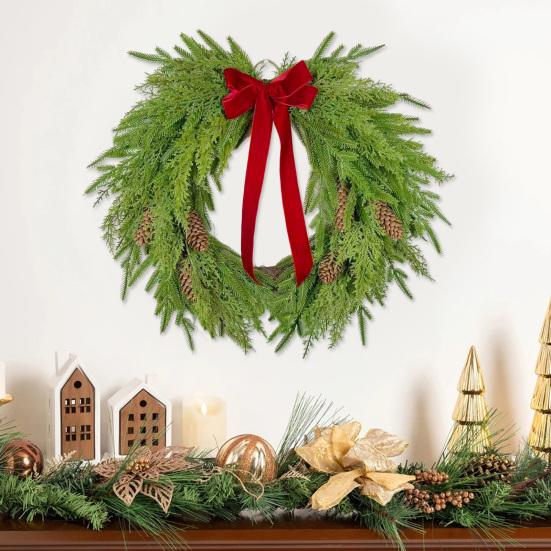 16 Inch Real Touch Norfolk Pine Christmas Wreath for Front Door Faux Cedar Greenery Wreath with Pine Cones And Bows for Wall Window Farmhouse Outdoor