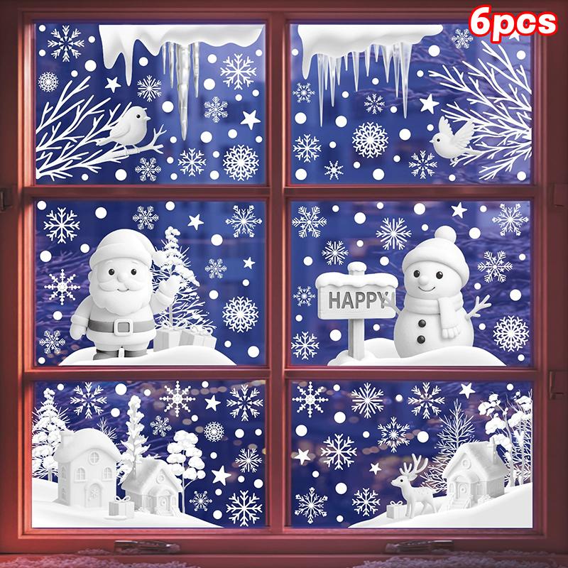 Christmas Decorations, White Snowflakes, Snowmen, Static Cling Stickers, Shop Window Decorations, Glass Stickers