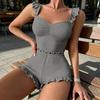 Женский ribbed комплект пижамы с оборками, без рукавов, укороченный топ и шорты, 2 предмета, летняя повседневная одежда для отдыха, комплект