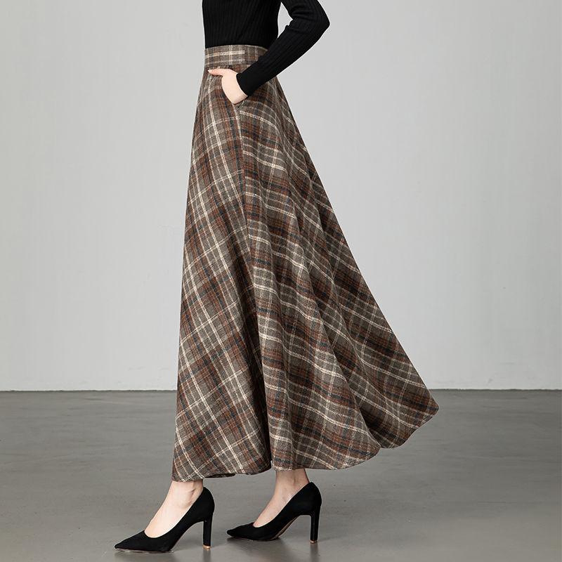 New Woolen Plaid Skirt for Women Mid-length Autumn and Winter Slimming High-waisted A-line Skirt Casual Long Skirt