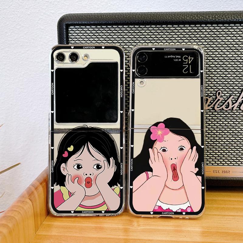 INS Korea Cute Girl Pattern Couple Phone Case For Samsung Galaxy Z Flip 6 7 5 4 Lovely Clear Hard PC Folding Cover For Zflip 4 3