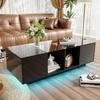 Coffee Table, LED Living Room Table with Storage Space, High-gloss Table with Glass Shelf, Modern Sofa Table with Two Doors