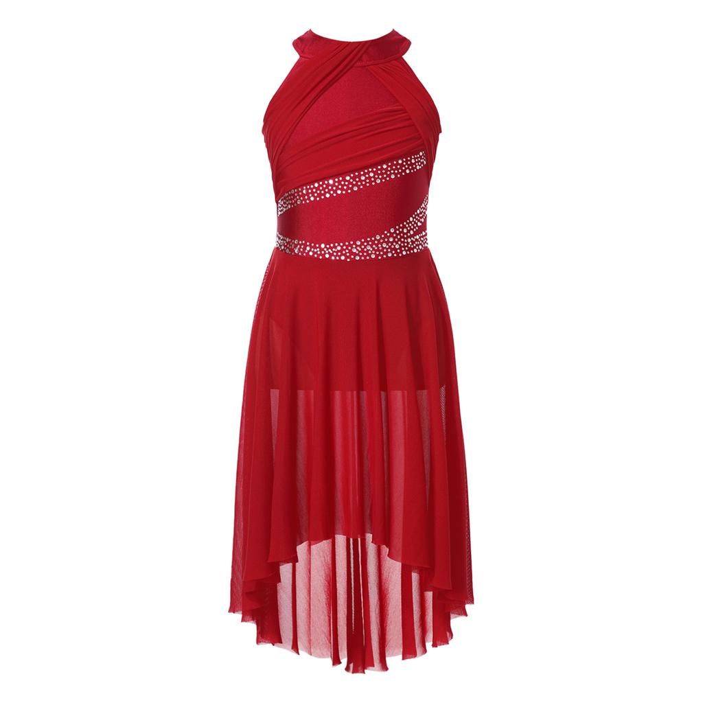 Детское лирическое платье для латинских танцев для девочек, купальник без рукавов со сверкающими стразами и рюшами, балетная танцевальная одежда