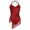 Womens Latin Dance Leotard Sleeveless Halter Neck Rhinestone Tassels Backless Competition Costume