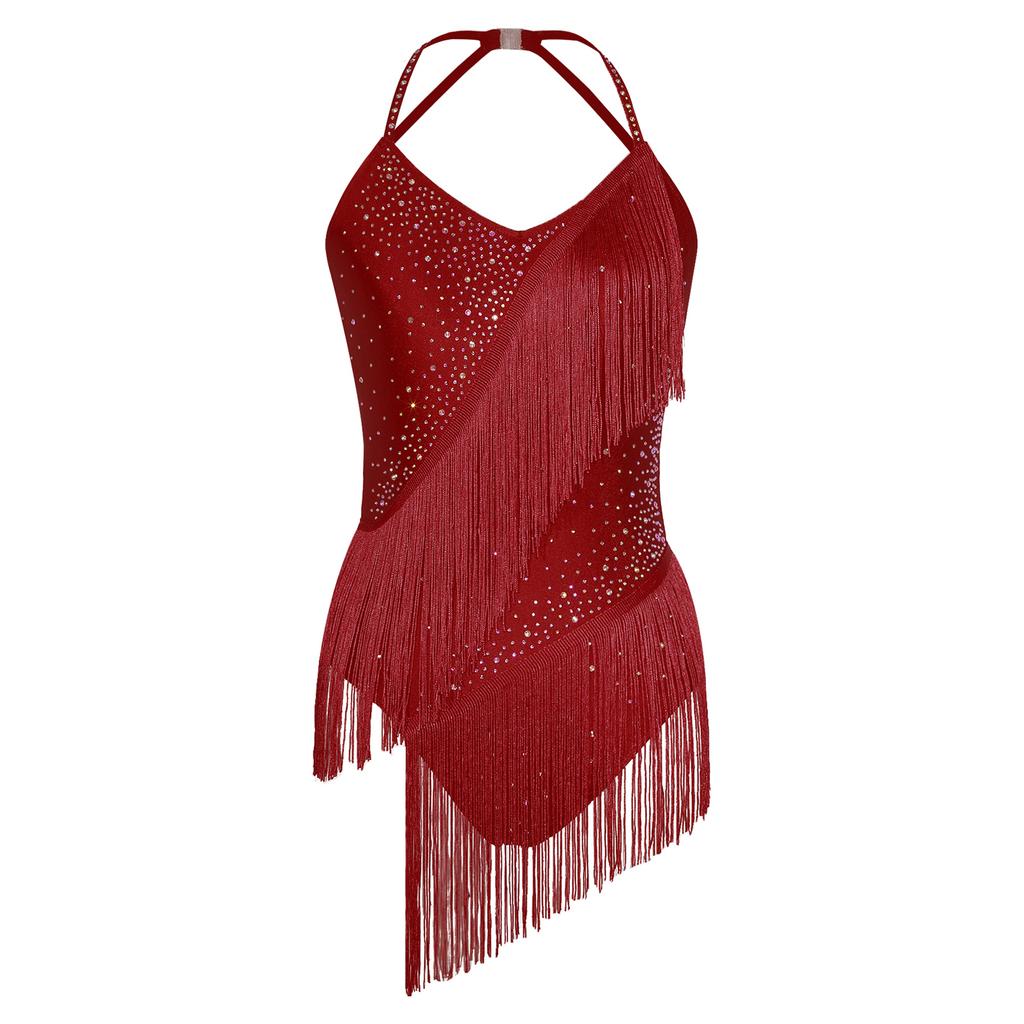 Womens Latin Dance Leotard Sleeveless Halter Neck Rhinestone Tassels Backless Competition Costume