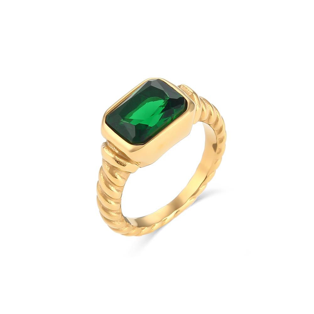 E.B.belle Christmas Jewelry Luxury Texture Engraved Side Rectangle 3A Zircon Stone Rings For Women Stainless Steel Gold Gem Ring