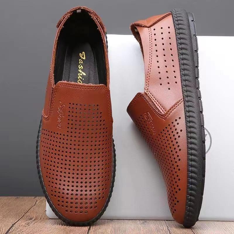 Genuine Leather Cowhide Men's Breathable and Deodorant Summer Extra Large Size One-pedal Men's Casual Leather Shoes Soft Leather Doudou Men's Shoes