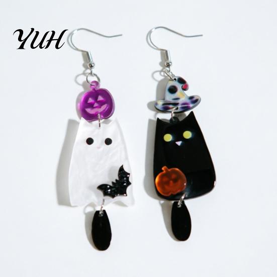 Unique Niche Gifts for Friends 1 Pair Acrylic Halloween Earrings, Black White Ghost Drop Dangle Earrings with Lightweight Daily Wear Ear Hooks