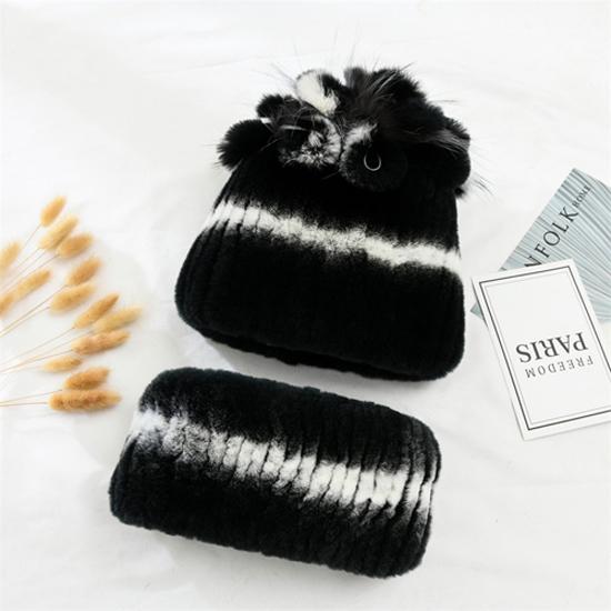 Knitted Women Warm Rex Rabbit Fur Hat Scarf Sets Winter Natural Rex Rabbit Fur Cap Scarves Russia Lady Fur Hats Muffler 2 Pieces