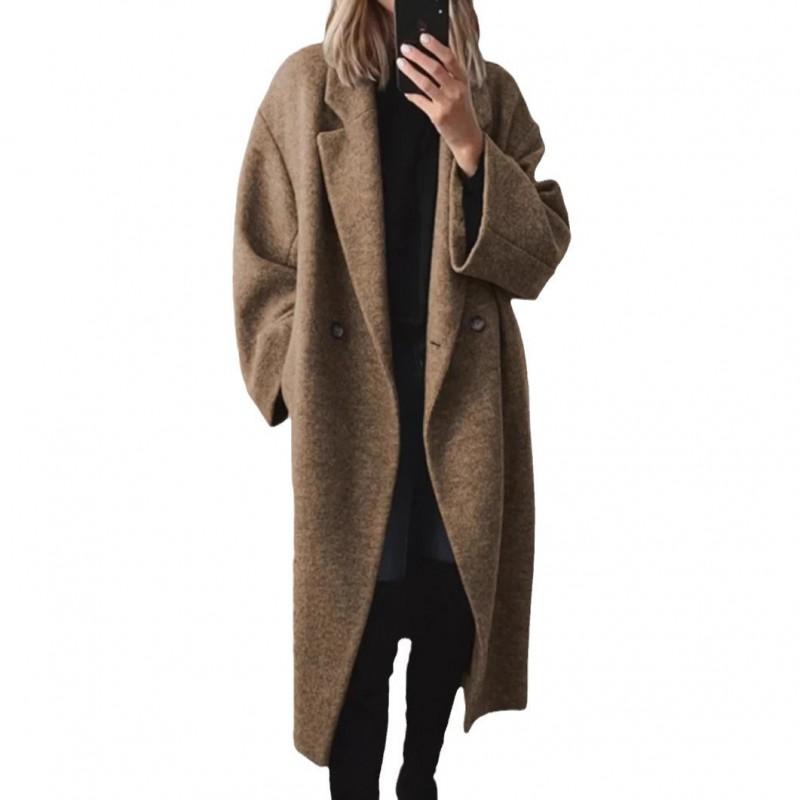 Womens Long Wool Blend Trench Coat Plus Size Slimming Workwear Outerwear