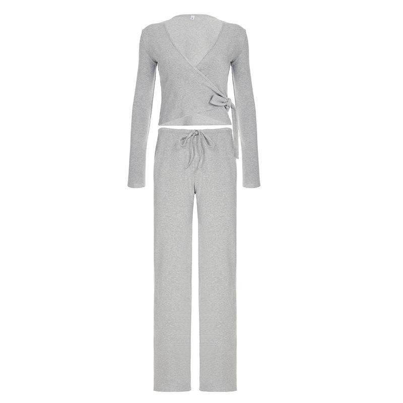 Осенний повседневный стиль, тонкий бархат, сексуальная футболка с V-образным вырезом, эластичный пояс, свободные брюки, трикотажный комплект из двух предметов