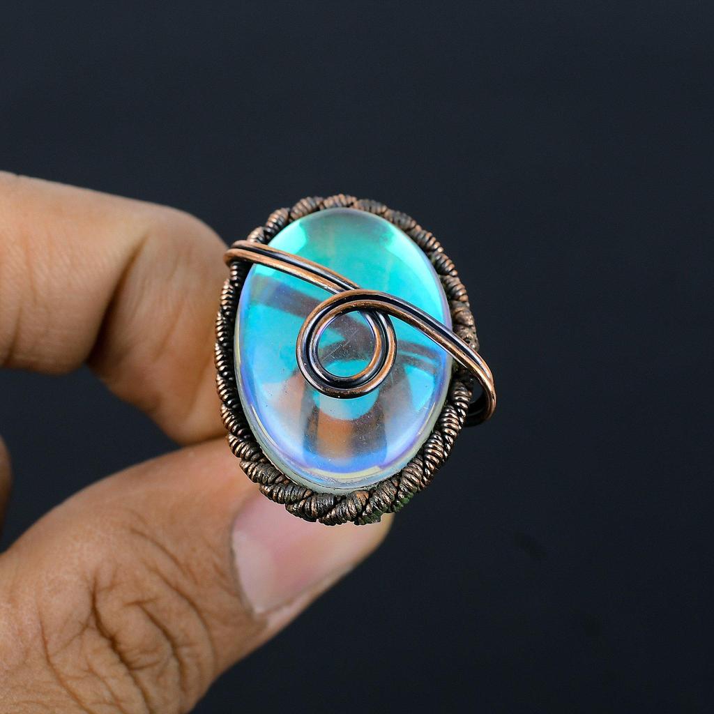 Mystic Topaz Gemstone Copper Wire Wrapped Handmade Jewelry Ring For Gift