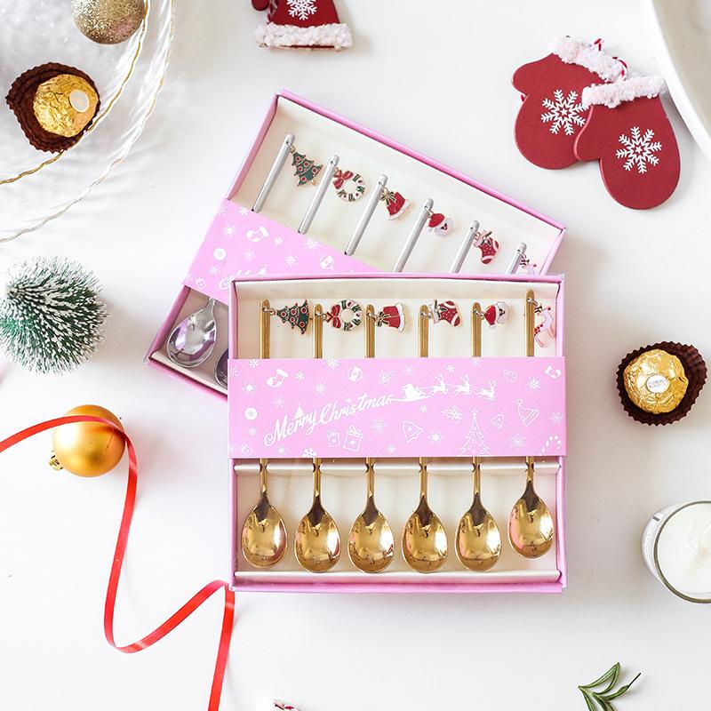6 шт. Рождественские ложки Набор кофейных столовых приборов Набор столовых приборов из нержавеющей стали Десертная ложка Вилки Рождественские подарки Лось Рождественское украшение