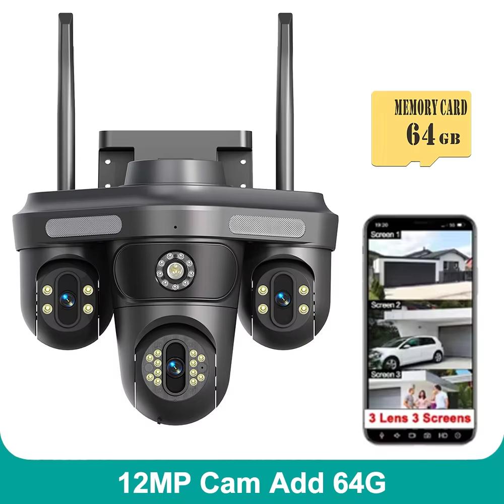 Вилка ЕС 6K 12MP WiFi IP-камера Уличная Тройной объектив Три экрана 10-кратный зум Панорамный вид PTZ Камера безопасности Обнаружение движения Видеонаблюдение