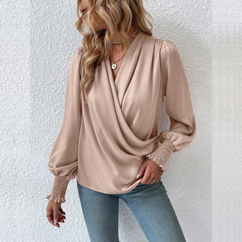 Элегантная женская однотонная рубашка с v-образным вырезом и воздушными рукавами
